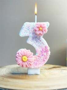 1 Pc Shiny Pink Number Candle With Floral Accents - Sparkling Birthday Cake Decoration For Party And Celebration, Long-Lasting Wax, Indoor Use, Suitable For Festive Gatherings And Birthdays