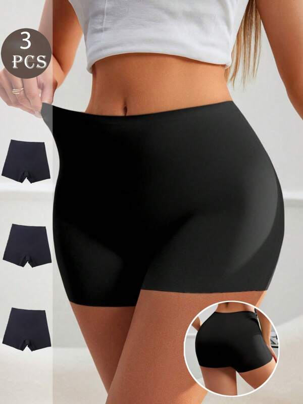 Set de 3 pantalones cortos de seda sin costuras para mujeres, diseño transpirable, anti-exposición y antirollos, de cintura media, suaves y cómodos, excelentes para usar como capa