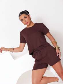 Women's Sweatsuit Set Shorts And Cropped Top - Rỉ Nâu - Xem 4