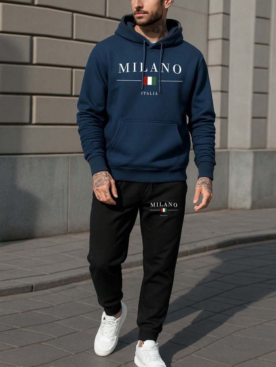 Sweatshirt Set Cold Weather Kangaroo Top And Cold Weather Pants Warm Coat Slim Men's Top And Pants Kit Tracksuit Comfortable Fabric - Màu xanh hải quân - Xem 1