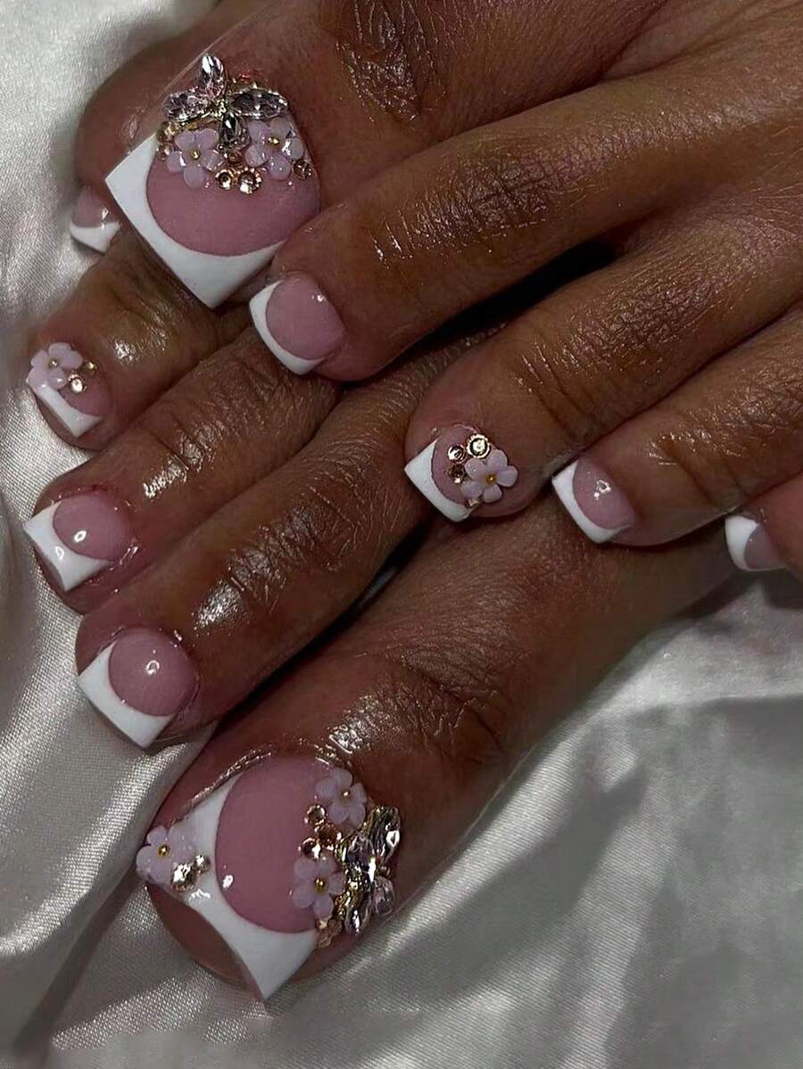 24 片方形短趾甲，夏季佩戴，立体水晶蝴蝶仙子闪光香槟钻石粉色花瓣，适合外出、海滩夏季凉爽假指甲，带果冻胶，1 片锉条，1 按压指甲，美甲用品 - 彩色 - 查看 1