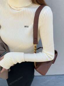 Women's Elegant High Neck Embroidery Texture Special Design Sweater, Apricot, Fitted Long Sleeve Knitted Top, Suitable For Commuting In Autumn/Winter