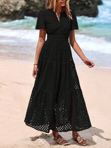 Women's Spring And Summer Maxi Dress Short Sleeve V Neck Hollow Out Eyelet A Line Long Flowy Wedding Guest Beach Vacation Black Dresses For Women - 黑色 - 查看 5