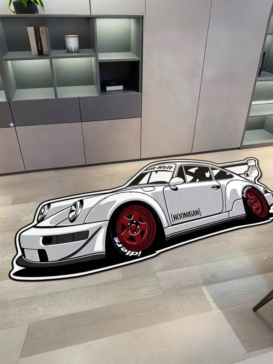 1pc Premium Racing Car Floor Mat, Polyester Fiber Rug, Black & White Design, Suitable For Bedroom, Living Room Decor, Bedroom Decor | Sports Style Room Decor | Durable Mat, Car Floor Mat, Bedroom Decor, Room Decor Bedroom, Room Decor, Small Rug