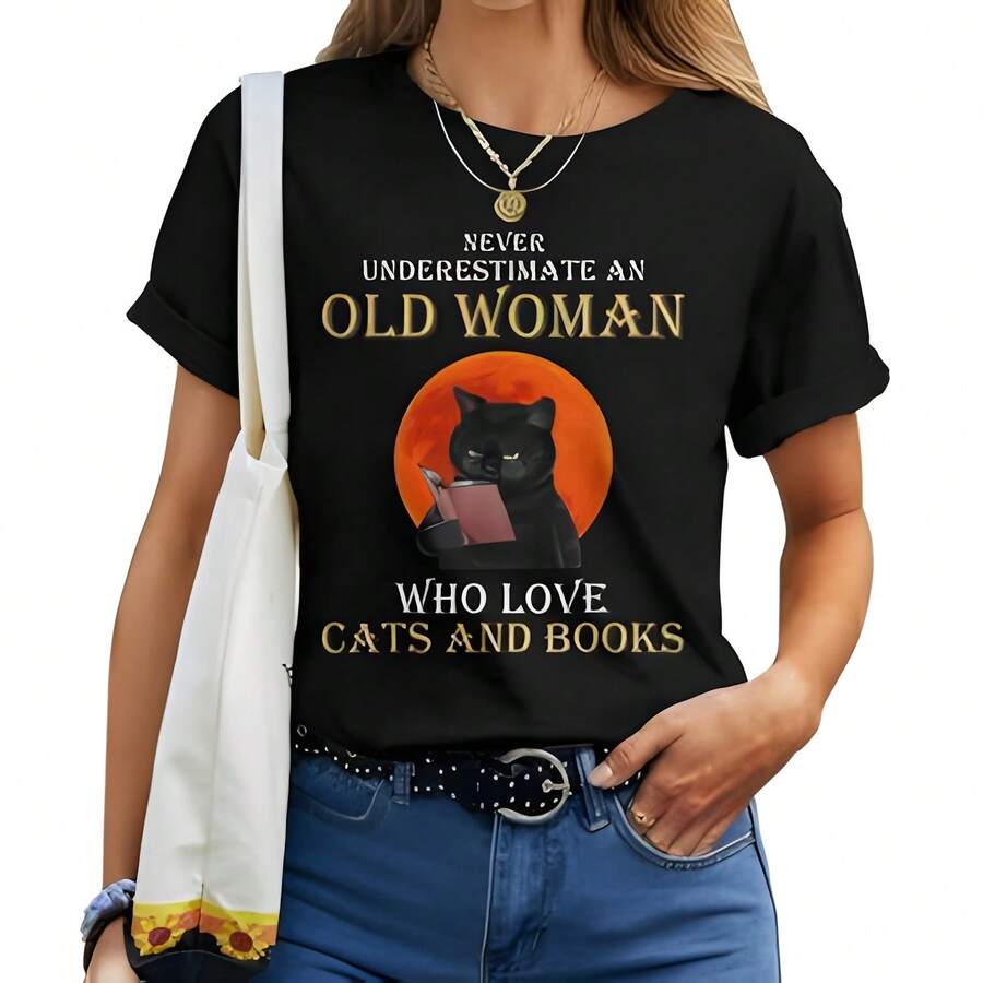 Never Underestimate An Old Woman Who Love Cats And Books Wo T-Shirt Wo's 220g Thick Cotton T-Shirt With Butterfly Print Pattern, Suitable For Girls And Wo's Short Sved Round Neck Inspirational Shirt, Cute Aesthetic Y2K Style Summer Top, Suitable For Outdoor, Family, Work Or Street Wear Casual Loose Daily T-Shirt - Black - View 1