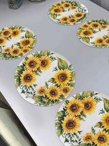 Set Alas Piring Bundar Motif Bunga Matahari 4/6 buah - Bahan Poliester-Linen Tahan Lama dan Mudah Dibersihkan, Sempurna untuk Dekorasi Restoran dan Dapur, Dekorasi Pesta Liburan, 38cm, Hadiah Kecil untuk Teman. - MultiWarna - View 1