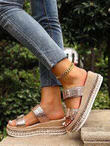 夏季优雅厚底凉鞋，布艺打结沙滩坡跟罗马凉鞋，铆钉装饰，波西米亚风露趾踝带透气舒适休闲优雅平底凉鞋，旅行必备 - 金色 - 查看 6