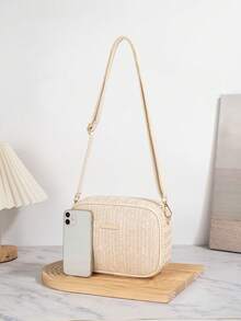 New Bohemian Woven Crossbody Bag, Colorful Holiday Straw Bag, Travel Bag, Fashionable Portable Storage Bag, Colorful Woven Bag, Colorful Beach Bag, Essential For Summer, Vacation Travel, Best Match For Beach, Festival Party Shopping, Beach Essentials, Beach Necessities, Beach Supplies & Summer Essentials, Latest Holiday Bag, Hottest Beach Bag, Beach Bags - Beige - View 3