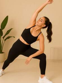 Fitness Leggings In Ribbed Knit – High Waist, Seamless And With High Elasticity Lifts Bum Bum - 黑色 - 查看 5