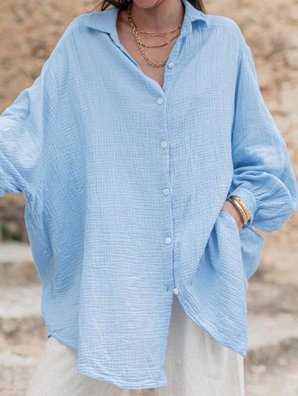 Chemise longue ample de couleur unie à manches longues pour femmes, peut être portée comme robe, cardigan ou blouse pour la Saint-Valentin