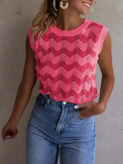 1pc Color Block Striped Mesh Knitted Top, Summer