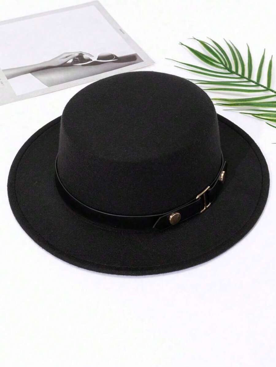 1 件女士日常和节日适用优雅针织帽，带圆形饰钉设计和对称腰带装饰牛仔帽女牛仔帽软毡软呢帽 - 黑色 - 查看 1