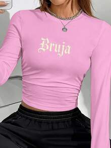 Witch Bruja Gothic Style Font Design Women's Fashion Long Sleeve Shirt - 粉色 - 查看 1