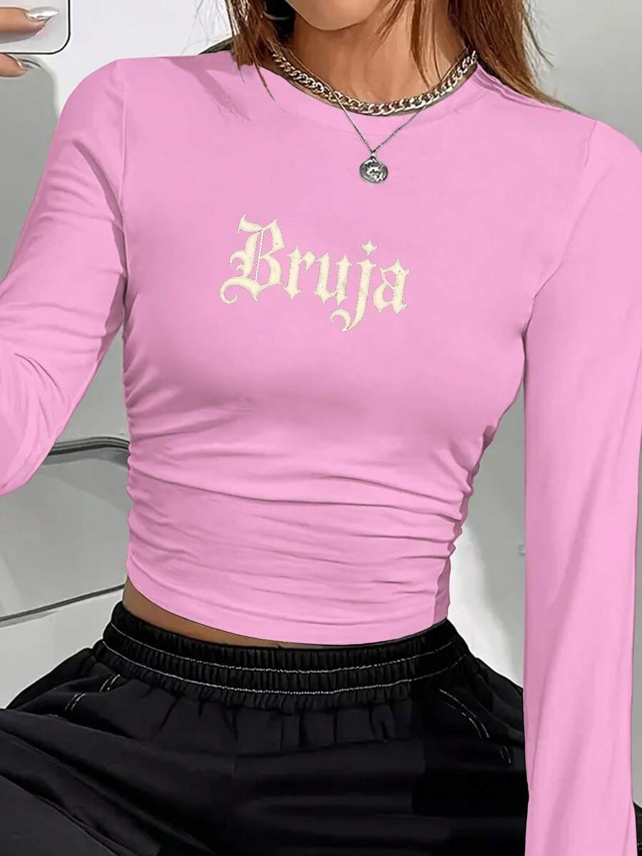 Witch Bruja Gothic Style Font Design Women's Fashion Long Sleeve Shirt - 粉色 - 查看 1