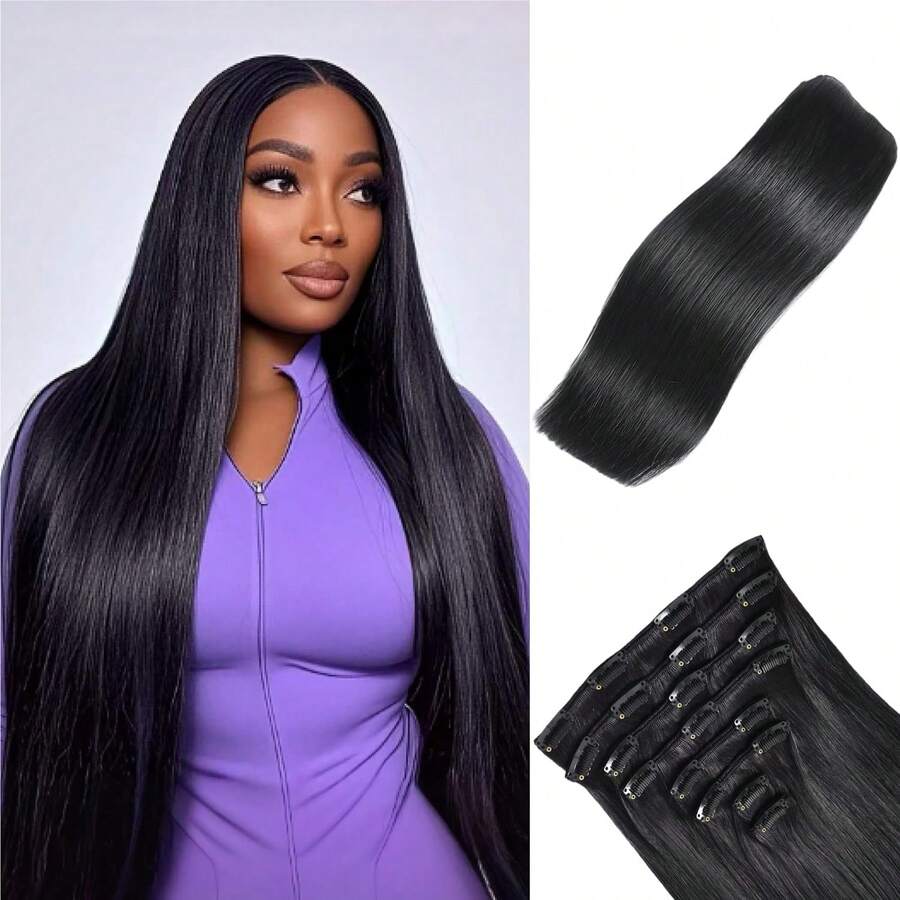 28 Inch 250 % Density Clip In Hair Extensions - Real Human Remy Black For Women, Invisible Natural Straight Seamless No Mixed 8pcs Double Weft 100g (#1B Natural Black, 26 Inch) - Natural Black - View 1