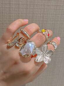 6 Stücke vintage elegant modische antike Geld-Stil französisch Barock Künstliche Perle Blumen Metall Lava Hohlkanal Eingelegt bunte Edelstein Ring Set, vielseitige hochwertige Stapel Party Hochzeit Dates Geschenk für Frauen Strand Urlaub Sommer