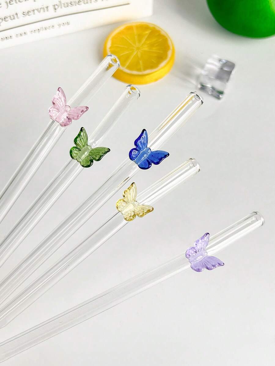 1 件/2 件/5 件可爱彩色蝴蝶饰物可重复使用玻璃吸管，适用于水杯，防碎弯曲吸管带清洁刷，适用于冷饮、奶茶、咖啡、果汁、冰沙、厨房、餐厅、鸡尾酒会、返校、送给女朋友/男朋友、父母、朋友的礼物、节日用品、万圣节、感恩节、圣诞节。