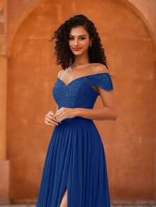 MOEVIO Elegant Sweetheart Neck Lace Contrast Chiffon Backless Split Thigh Long Formal Bridesmaid Party Spring Vacation Outfit Dress For Graduation Summer Festival Gown - Blue - View 6