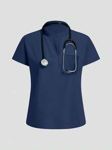 Conjunto de blusa y pantalón de unicolor para mujer, uniforme para laboratorio/hospital/cuidado de mascotas - Azul Marino - Ver 4