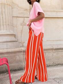 Striped Polyester Pants With Pockets & Fake Drawstring, Suitable For Daily Wear, Parties, Dates, Birthdays, Back-To-School, Travels, Country Music Festivals, Sports & Fitness In Spring And Summer - Red and White Stripes - View 5