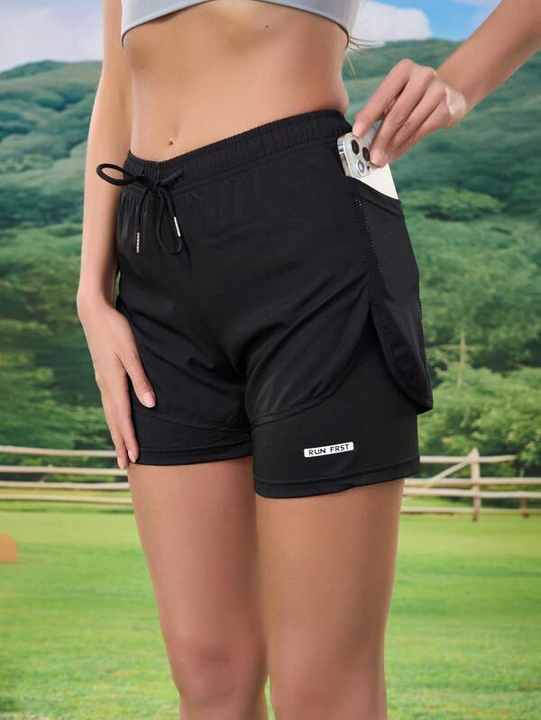 二合一几何印花运动短裤 - 95% 涤纶、5% 氨纶混纺、略有弹性、梭织运动休闲短裤，适合锻炼、健身、跑步、春季、夏季、秋季