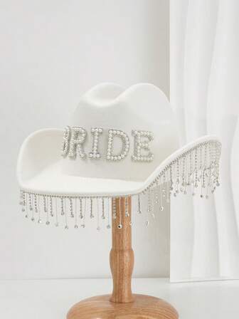 1PC Women's Solid Color Shiny Bling Wedding Hat. Unique Luxurious Crystal Pendant Design Paired With Faux Pearl Letter'BRIDE'Novel Interesting Punk-Style KJ-Inspired Wide-Brimmed Bridal Veil Hat. Classy Aesthetic.Suitable For Role-Playing, Theme Parties, Engagement Parties, Makeup Parties, Festivals, Western Weddings, And Wearing,2024 Wedding Essentials,Classy Look