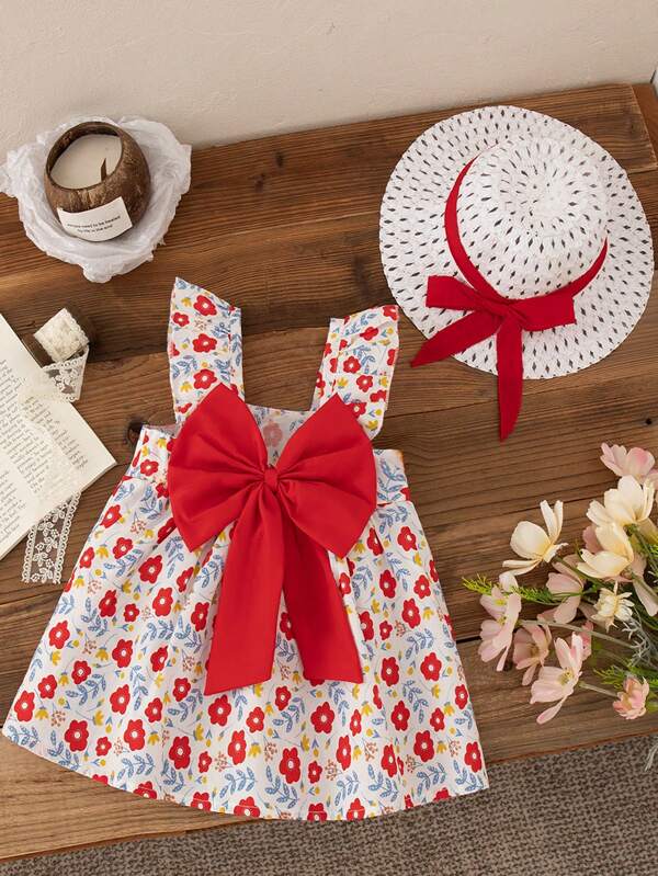 Set de 2 piezas: Vestido naranja vibrante sin mangas con lazo floral y sombrero para bebé niña, conjunto casual para exteriores de verano