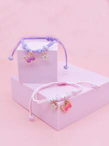 Set de 2 pulseras de la amistad tejidas ajustables con colgante de mariposa y flor, regalo para la mejor amiga