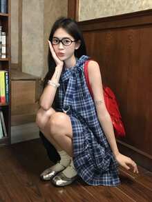 女式格子露背连衣裙，夏季蝴蝶结系带溜冰迷你连衣裙 - 藍色 - 查看 6