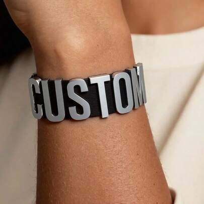 1pc Punk Customized Name Letters Hand Cuff Bangles Wide PU Leather Wristband DIY Personalized Custom Name Words Hand Accessories,Durable,Colorful,Cute,Adorable,Funny,Kawaii,Y2K,Stylish,Unisex,Casual,Custom,Personalized,Unique,Customized,Ideal Gifts For Him,Ideal Gifts For Her,Her,Boyfriend,Girlfriend,Family,Friends