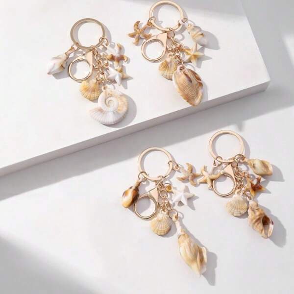 1pc Men's Creative Personalized Beach Style Shell & Seashell Keychain, Summer Starfish Seashell Pendant Bag Charm Key Ring