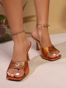 2025 Spring/Summer New Women's High Heel Peep Toe Beach Sandals, Stone Print Pattern, Plus Size Export Quality - Burnt Orange - View 5