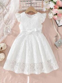 coviviky Vestido de encaje dulce con manga abullonada, cuello redondo, unicolor, cinturón en la cintura, elegante para fiesta, boda y eventos para niñas jóvenes