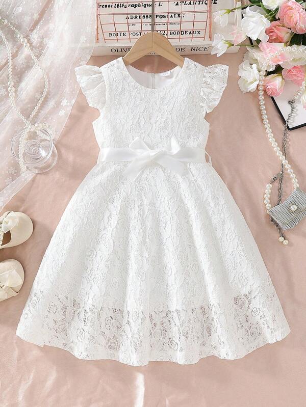 coviviky Young Girls Sweet Lace Dress With Ruffle Cap Sleeve, Round Neck, Solid Color, Waist Belt, Elegant For Party, Wedding, Events