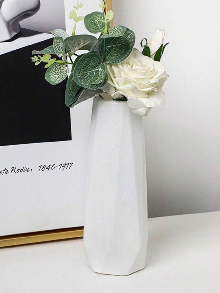 1 Piece Hexagon Ceramic-Look Plastic Vase, Simple Solid Color Home Decor, Center Piece For Floral/Dried Flowers, Tabletop Decoration, Balcony Vase, Nordic Style Vase For Kitchen, Living Room, Bedroom, Office, Wedding, 20cm*6cm