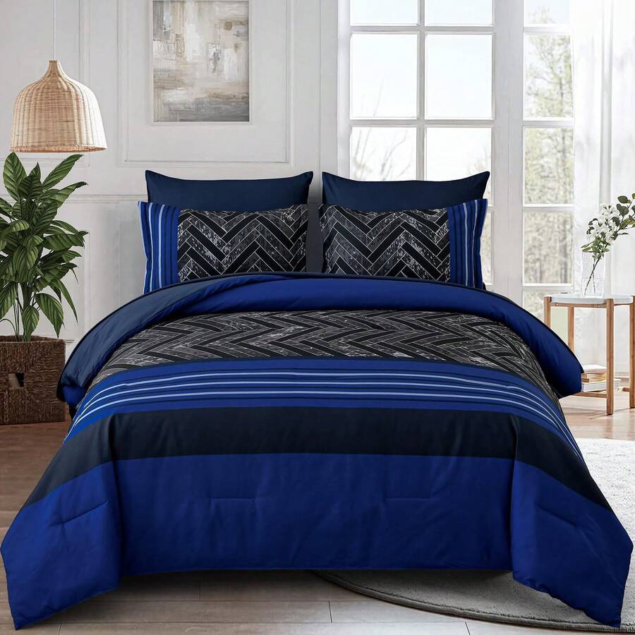 7 Pieces Grey/Blue/Black Striped Comforter Sets Queen King Bed In A Bag Warm Soft Microfiber Complete Bedding Sets With Sheet Set And Pillowcase For All Seasons - 藍色 - 查看 1