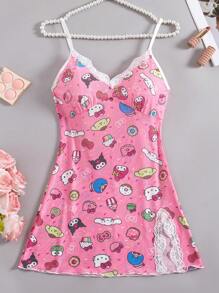 Sanrio 1 Stück Damen Rosa Sanrio Familie Süßer Digitaldruck, Transparentes Mesh & Rückenausschnitt, Rosa Pyjama, Süßes Nachthemd, V-Ausschnitt, Kontrastspitze, Seitenschlitz, Babydolls, Sexy Dessous, Sexy Dessous Kleid