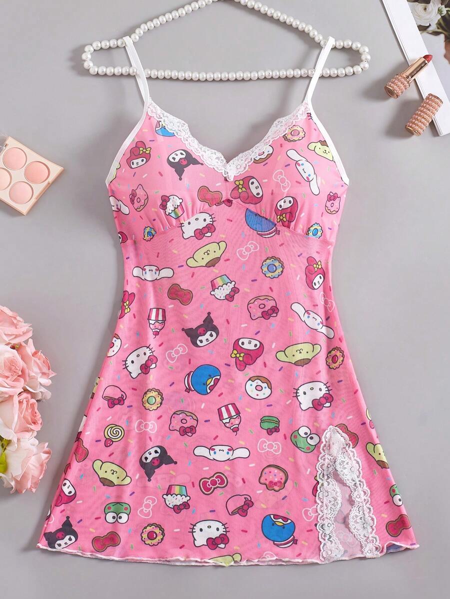 Sanrio 1 Stück Damen Rosa Sanrio Familie Süßer Digitaldruck, Transparentes Mesh & Rückenausschnitt, Rosa Pyjama, Süßes Nachthemd, V-Ausschnitt, Kontrastspitze, Seitenschlitz, Babydolls, Sexy Dessous, Sexy Dessous Kleid