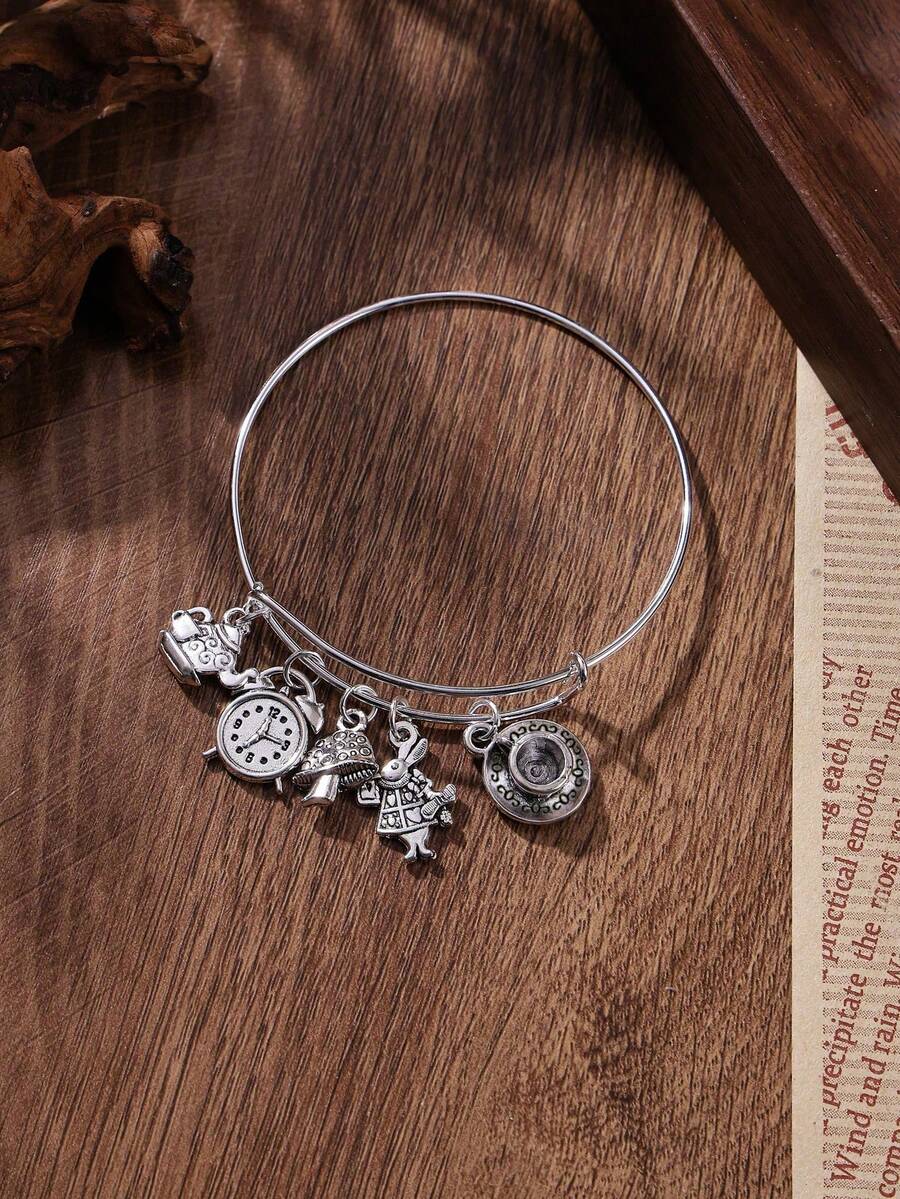 1pc Alice In Wonderland Bracelet With Rabbit Clock, Teapot, Teacup And Mushroom Charms, Suitable For Daily Wear - Antique Silver - View 1