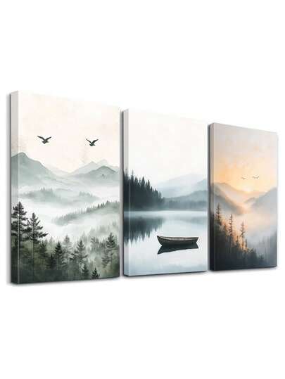 3 件装迷雾森林海报、风景画、山景艺术印刷品、平静的湖泊帆布印刷墙艺、日落辉光画、飞鸟墙艺、墙艺、房间美学、海报、理想礼物、可选裱框
