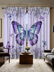 2pcs Purple Butterfly Pattern Printed Curtains With Rod Pocket, UV Blocking, Machine Washable Polyester, Suitable For Living Room, Kitchen, Cafe, Balcony And Garden Decor