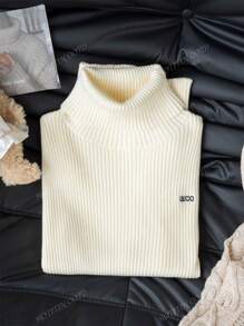 Women's Elegant High Neck Embroidery Texture Special Design Sweater, Apricot, Fitted Long Sleeve Knitted Top, Suitable For Commuting In Autumn/Winter