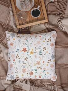 2pcs Ditsy Floral Pattern Decorative Throw Pillow Cases, Letter Print Square Pillowcase Without Filler, Cute Cushion Covers For Sofa, Living Room