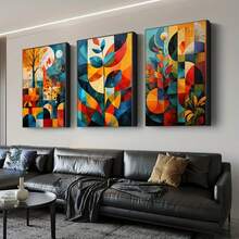 Three Vibrant Geometric Floral Abstract Canvas Art Pieces - Optional Frames, Spray Paint, Horizontal Wall Decorations Suitable For Living Rooms, Bedrooms, And Offices - Colorful Medieval Design, Office Art | Medieval Modern Decor - Multicolor - View 2