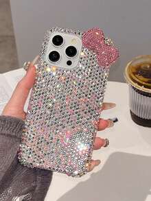 奢华高端3D水钻蝴蝶结手机壳，兼容苹果17/15 Pro/16 Pro Max，女士软壳14/13/12/11，个性化全镶钻保护套 - 銀色 - 查看 3