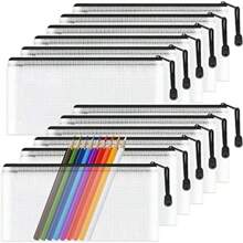 Bolso con cremallera de malla estilo carpeta, 12 piezas de estuches de lápices transparentes de plástico, billeteras, carpetas, bolsas de almacenamiento impermeables para útiles escolares, facturas, cosméticos, papelería y accesorios de viaje, negro, estuche para lápices, bolsa escolar