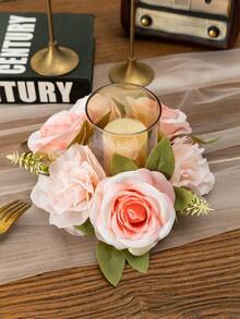 MEHELANY 1Pc Artificial Flower Candle Ring Garland , Light Pink Fake Rose Artificial Flower Wedding Table Centerpiece Spring Summer Garland For Front Door Wedding Bouquet Party, Home Decor, Wedding Arrangement, Romantic Date, Wedding Garland