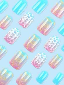 24pcs Short Square Fake Nails, Featuring Fashionable Ombre Mermaid Scale Pattern Design, Manicure Set. Press-On Nail Kit, Suitable For Holidays, Parties, Gatherings, Dates And Daily Wear. Nail Art Supplies. - Blue - View 2