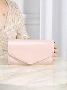1pc Solid Color Pu Magnetic Closure Chain Clutch Bag For Daily Use, Date And Party - Pink - View 2
