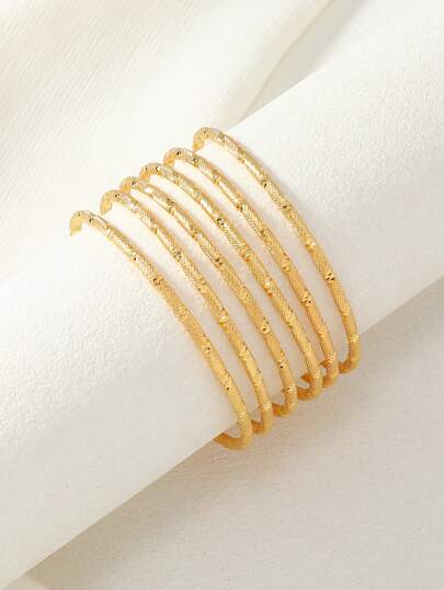 6 قطع / مجموعة أساور أساور مذهبة بذهب عيار 24 قيراط بنقوش وملمس أنيق على الطراز الشرق الأوسطي ، تصميم أنيق لحفلات الزفاف في دبي ، ارتداء اليومي في رمضان، قابلة للتكديس